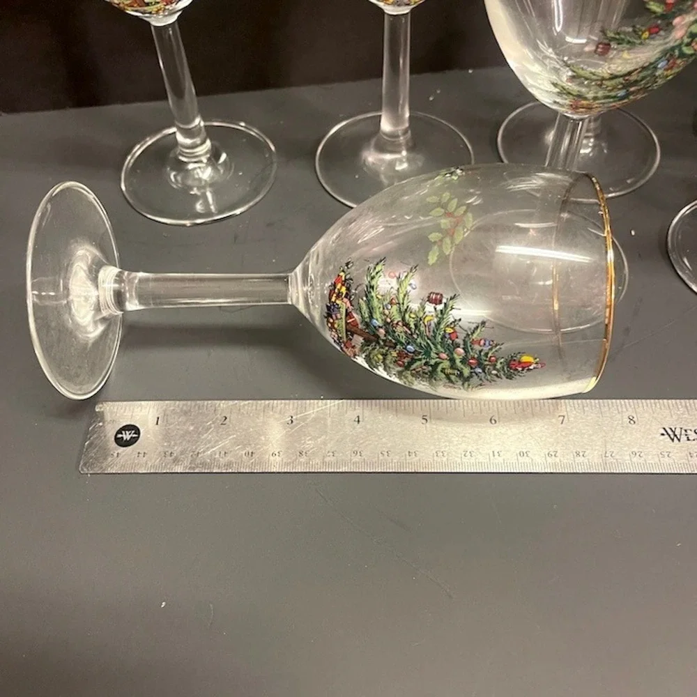 Vintage Spode Christmas Tree 12 oz Stemmed Wine Glasses Gold Rim Set of 7